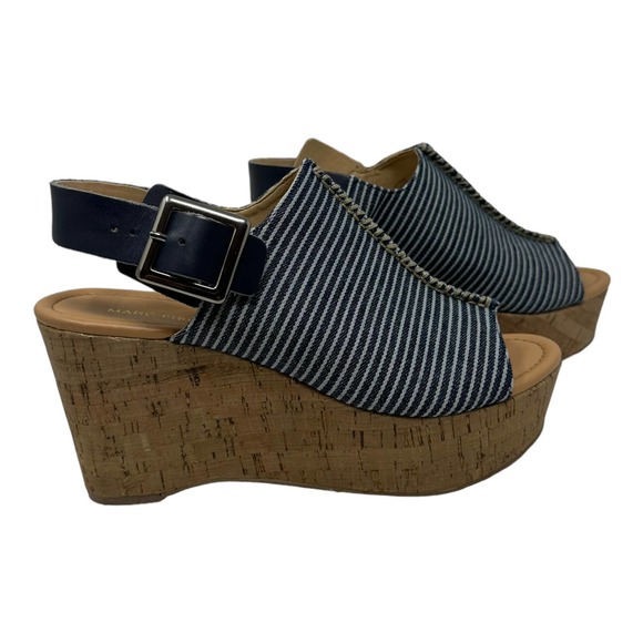 Marc Fisher Sinthya Blue Stripe Denim Cork Wedge Slingback Sandals 7.5 - Picture 8 of 11